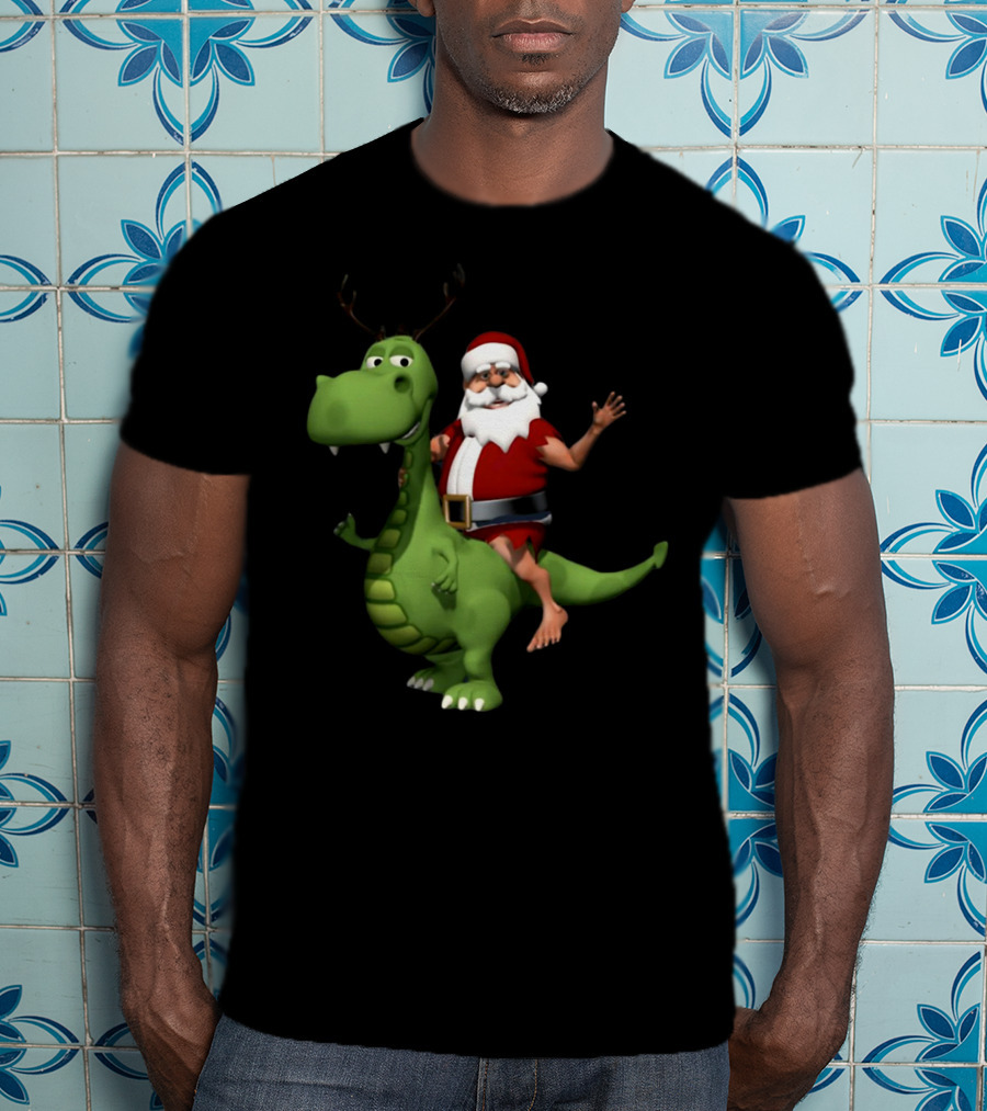 Santa Riding Rex Dinosaur Reindeer Christmas Holiday Fun T-Shirt