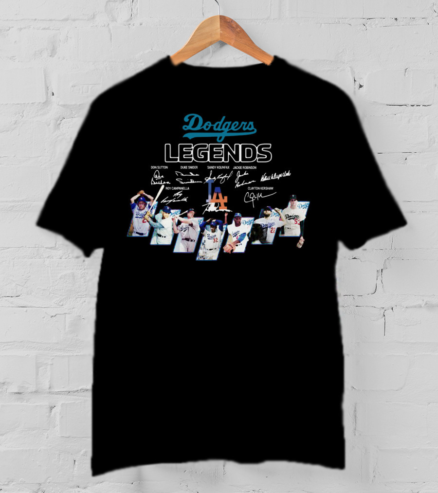 Dodgers Legends Don Sutton Duke Snider Sandy Koufax Jackie Robinson Roy Campanella Kirk Gibson Clayton Kershaw Signatures T-Shirt
