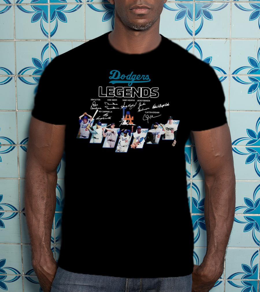 Dodgers Legends Don Sutton Duke Snider Sandy Koufax Jackie Robinson Roy Campanella Kirk Gibson Clayton Kershaw Signatures T-Shirt