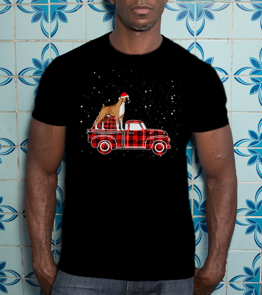 Boxer Buffalo Plaid Truck Xmas Santa Hat Snow T-Shirt