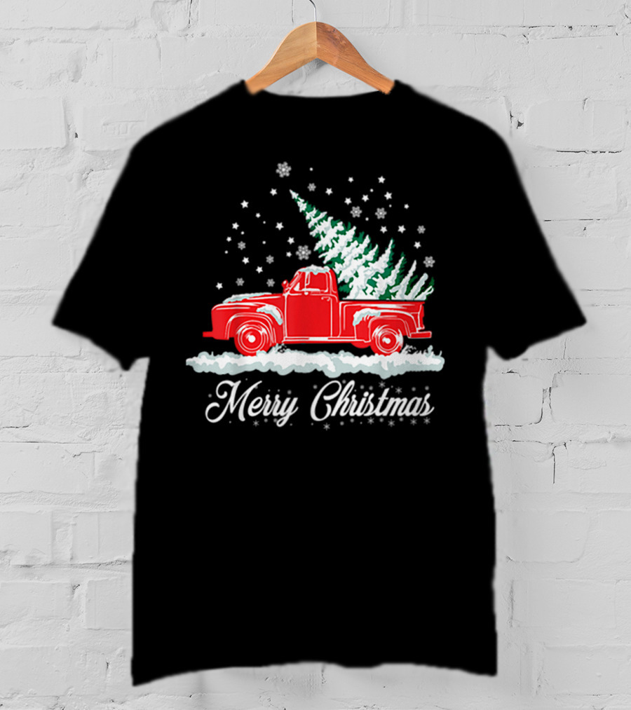 Merry Christmas Classic Old Red Truck With XMAS Tree Snowflakes T-Shirt