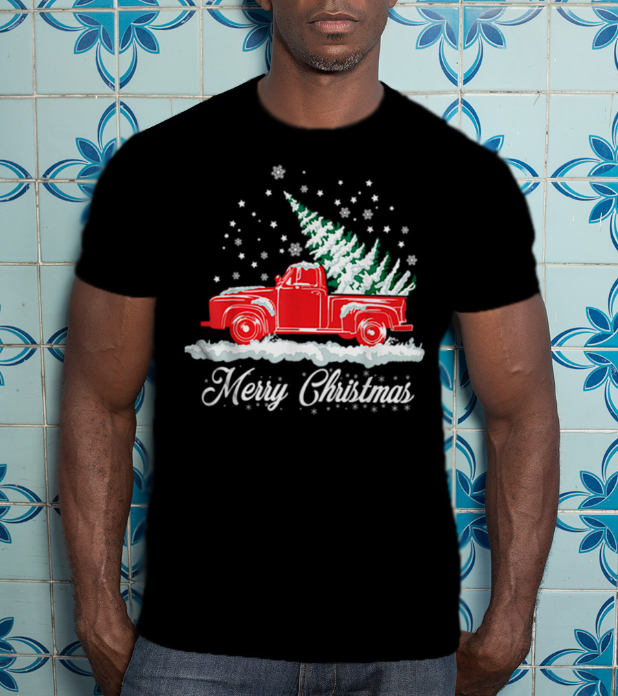 Merry Christmas Classic Old Red Truck With XMAS Tree Snowflakes T-Shirt