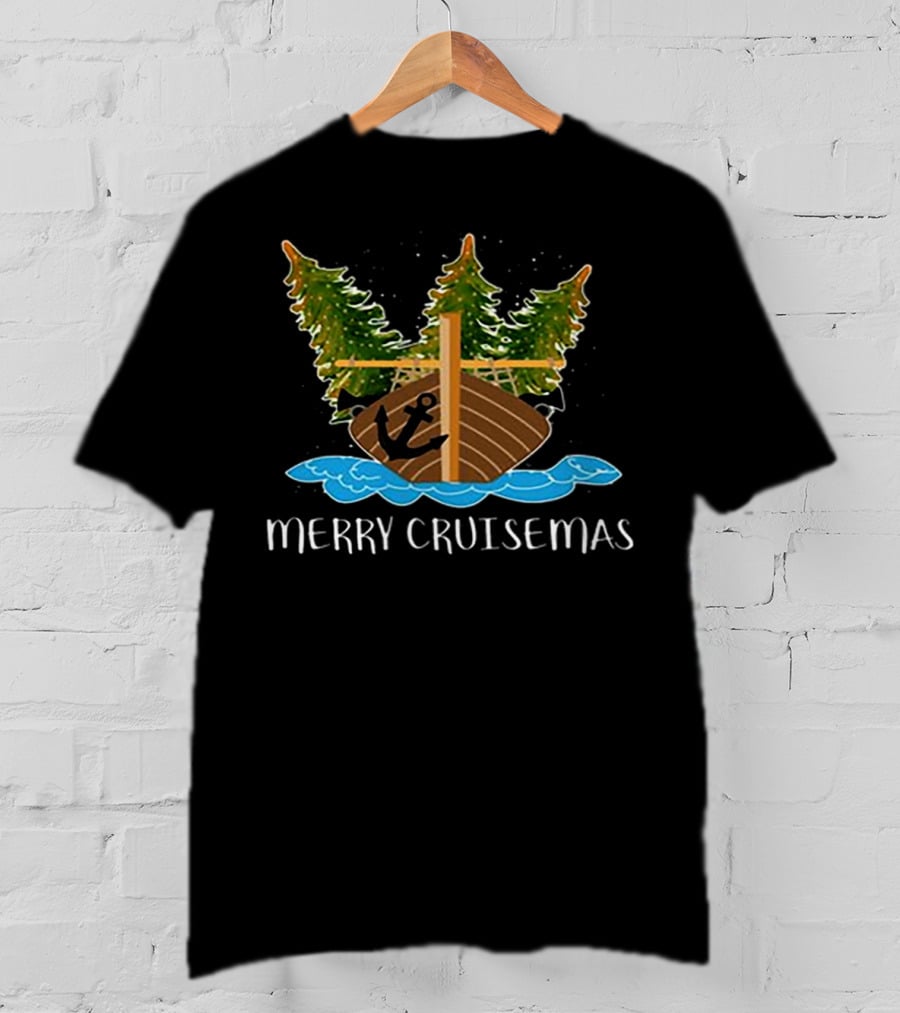 Merry Cruisemas Christmas Cruise Ship With Anchor And Festive Trees T-Shirt