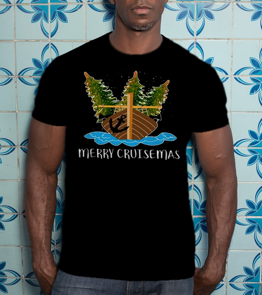 Merry Cruisemas Christmas Cruise Ship With Anchor And Festive Trees T-Shirt
