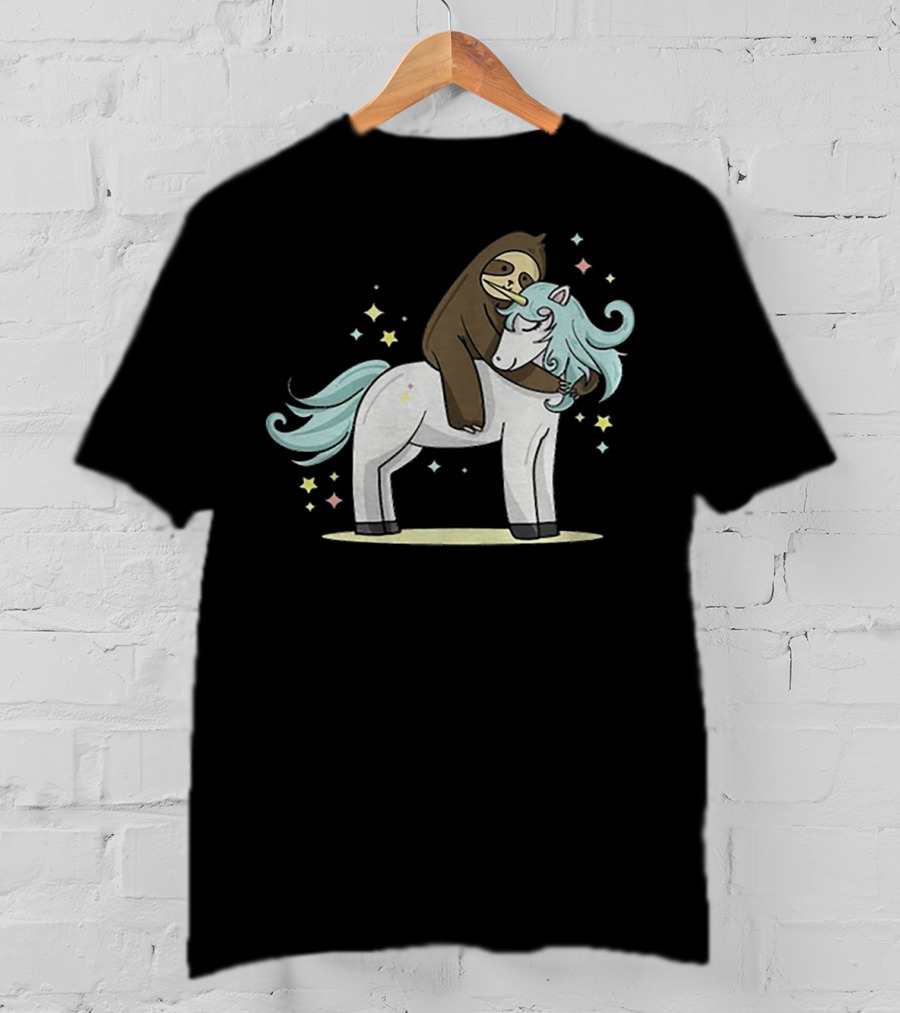 Sloth Hugging Magical Unicorn Surrounded By Sparkling Stars T-Shirt