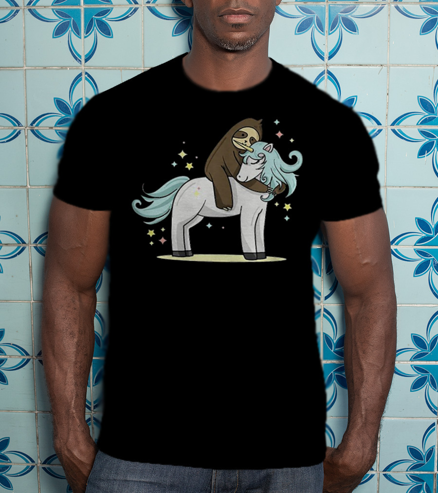 Sloth Hugging Magical Unicorn Surrounded By Sparkling Stars T-Shirt
