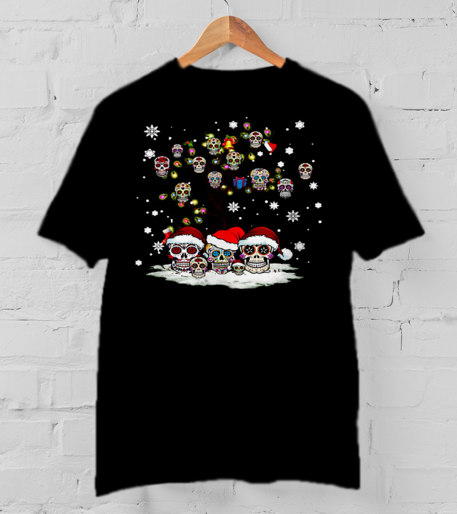 Christmas Sugar Skull Tree With Santa Hats And Snowflakes T-Shirt