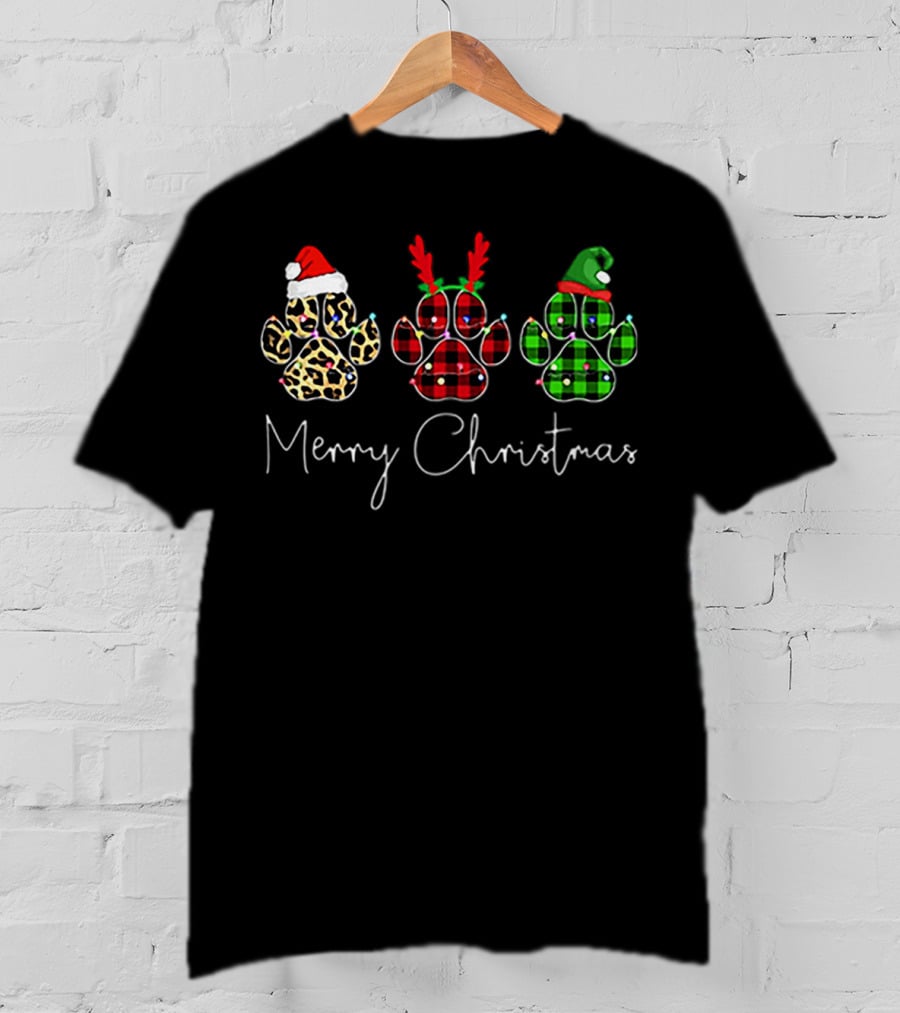 Merry Christmas Bear Paw Leopard Santa Antlers Plaid T-Shirt