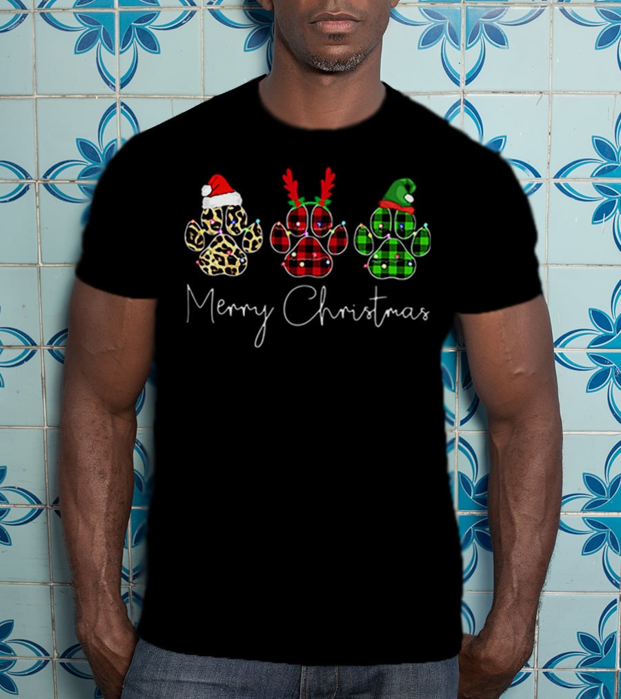 Merry Christmas Bear Paw Leopard Santa Antlers Plaid T-Shirt