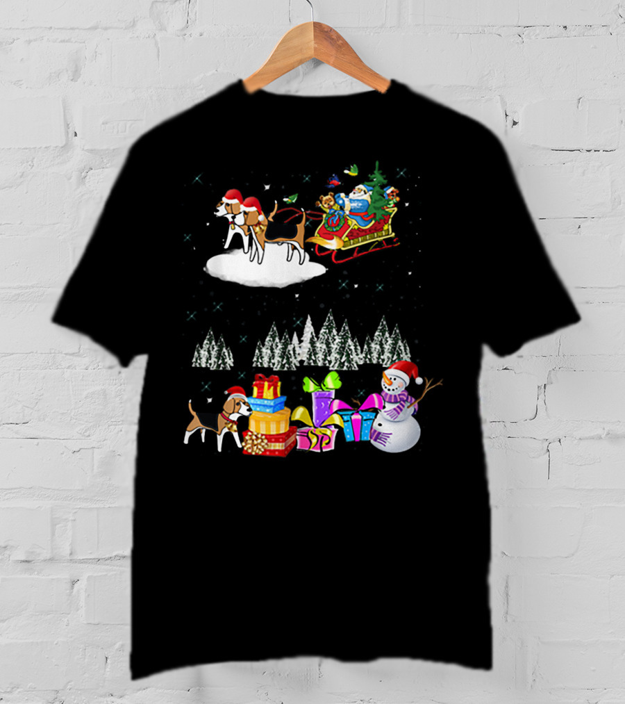 Beagle Reindeer Christmas Santa Sleigh Snowman Presents Trees Moon T-Shirt
