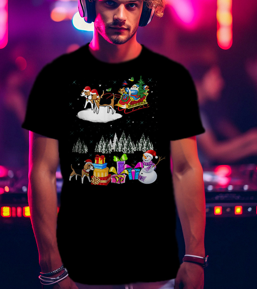 Beagle Reindeer Christmas Santa Sleigh Snowman Presents Trees Moon T-Shirt