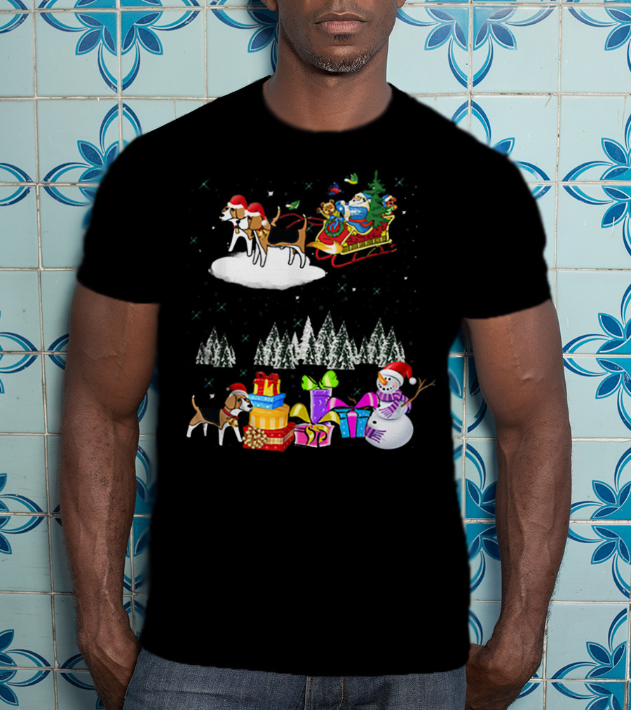 Beagle Reindeer Christmas Santa Sleigh Snowman Presents Trees Moon T-Shirt