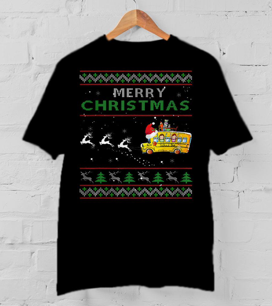 Merry Christmas School Bus Driver Santa And Reindeer Holiday T-Shirt