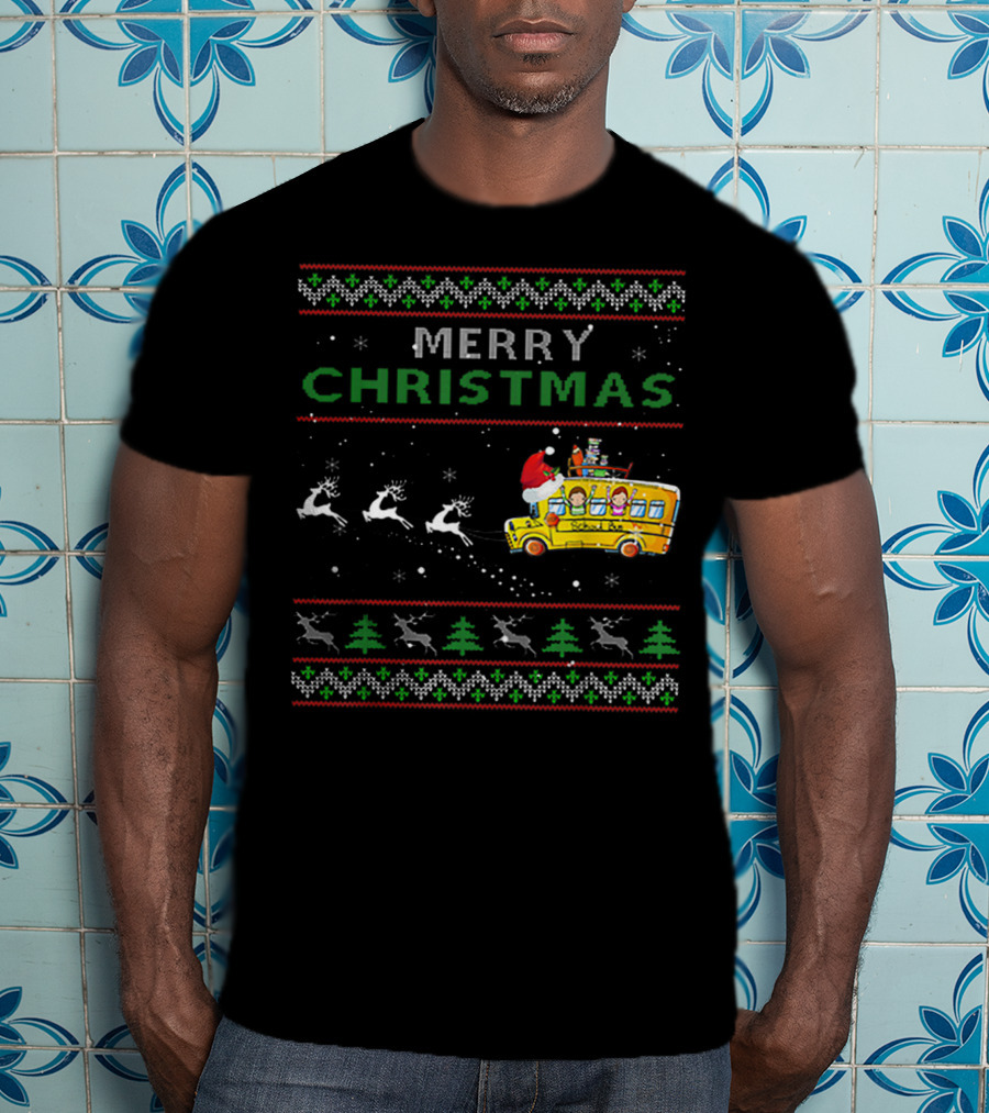 Merry Christmas School Bus Driver Santa And Reindeer Holiday T-Shirt