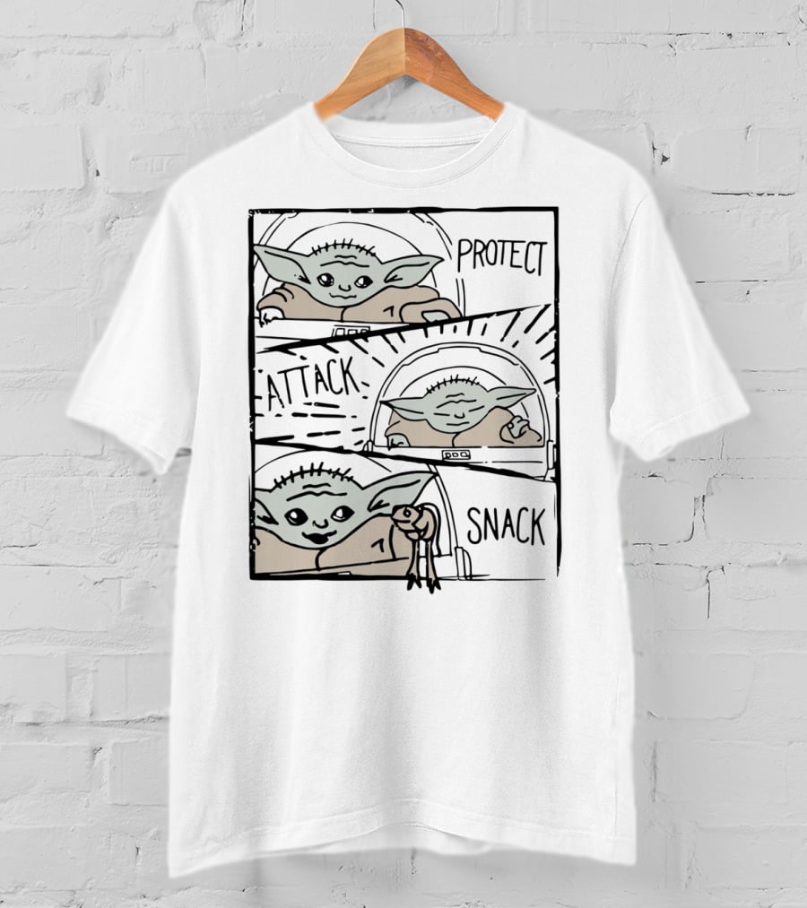 Star Wars Mandalorian Baby Yoda The Child Protect Attack Snack Comic Strip T-Shirt