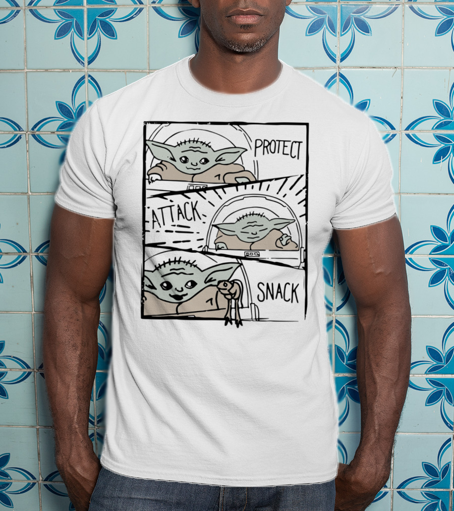 Star Wars Mandalorian Baby Yoda The Child Protect Attack Snack Comic Strip T-Shirt