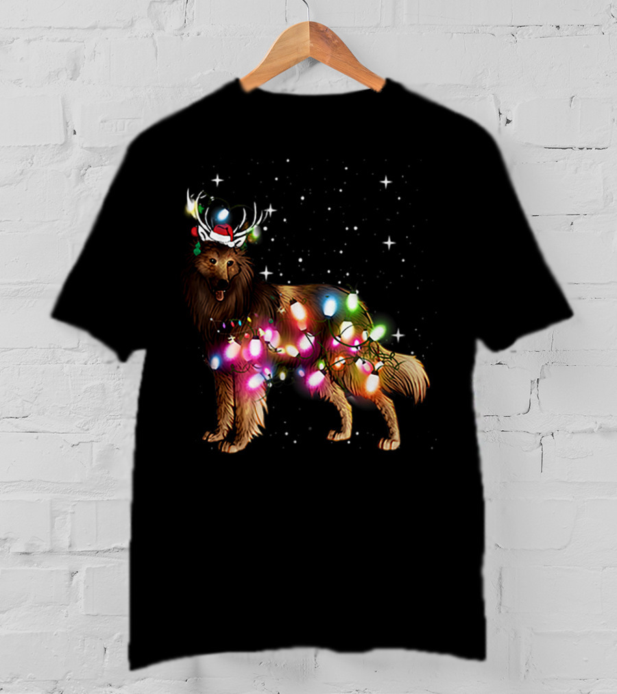 Belgian Tervuren In Santa Hat With Holiday Christmas Lights And Snowflakes T-Shirt