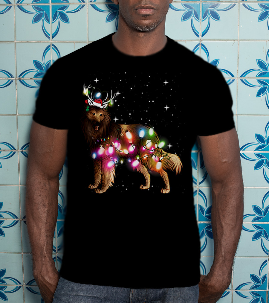 Belgian Tervuren In Santa Hat With Holiday Christmas Lights And Snowflakes T-Shirt