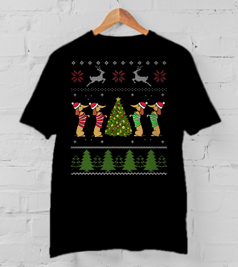 Dachshund Ugly Christmas Sweater Tree Reindeer T-Shirt