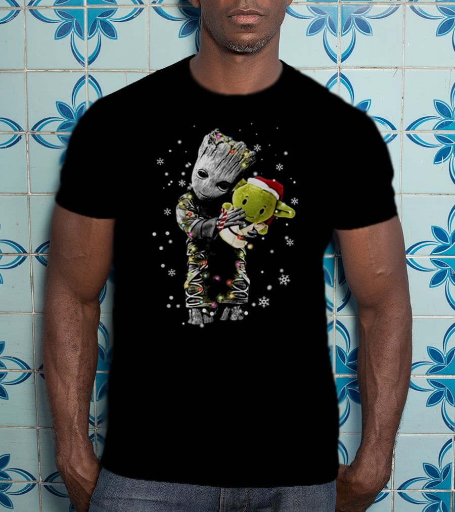 Baby Groot Hugging Baby Yoda Christmas Lights Snowflakes T-Shirt