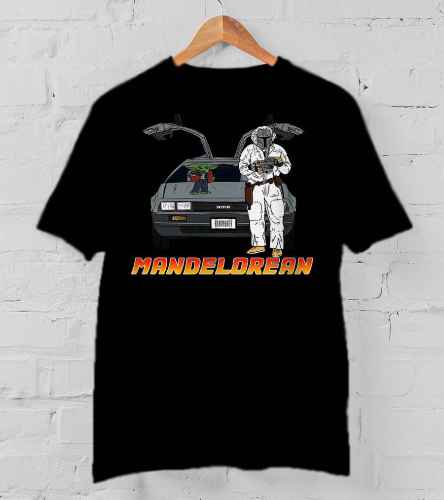 Mandelorean Baby Yoda And Boba Fett With DeLorean Car T-Shirt