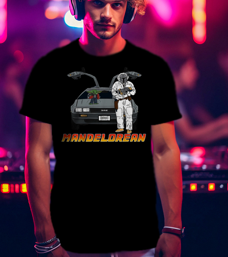 Mandelorean Baby Yoda And Boba Fett With DeLorean Car T-Shirt