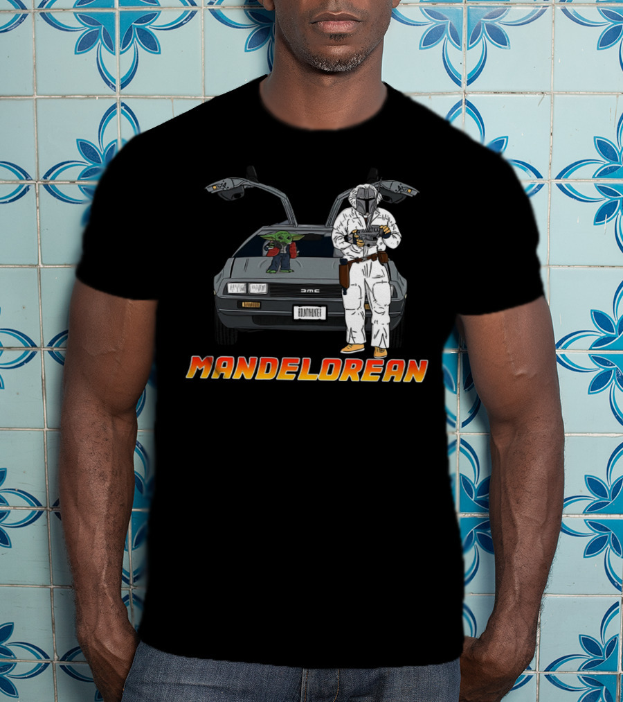 Mandelorean Baby Yoda And Boba Fett With DeLorean Car T-Shirt