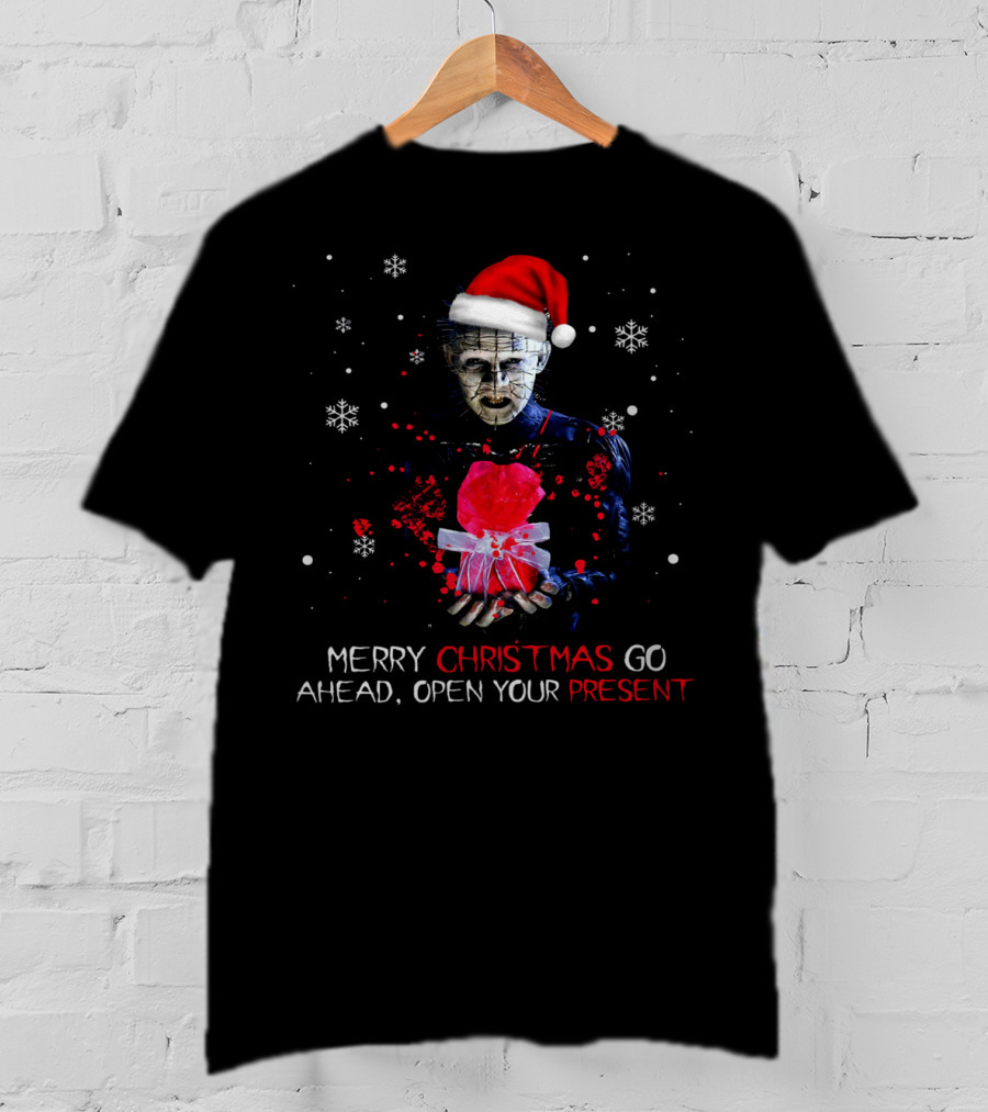Merry Christmas Go Ahead Open Your Present Pinhead Santa Hat Snowflakes T-Shirt