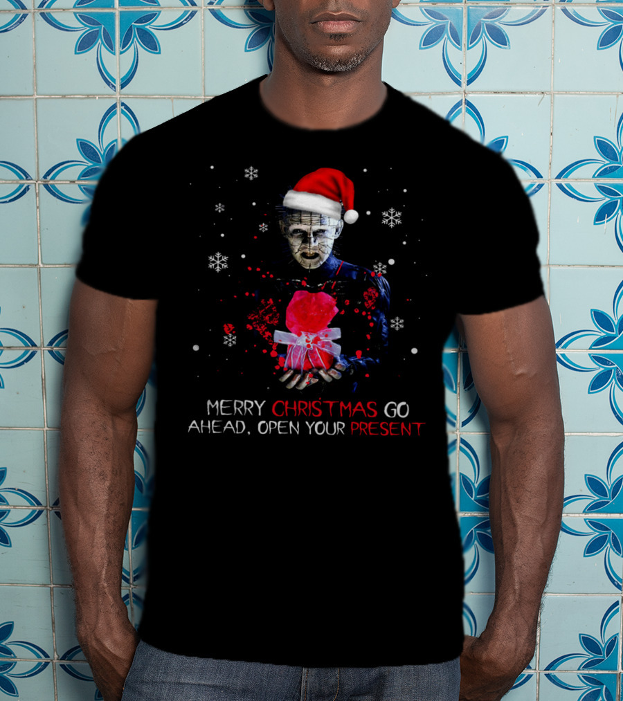 Merry Christmas Go Ahead Open Your Present Pinhead Santa Hat Snowflakes T-Shirt
