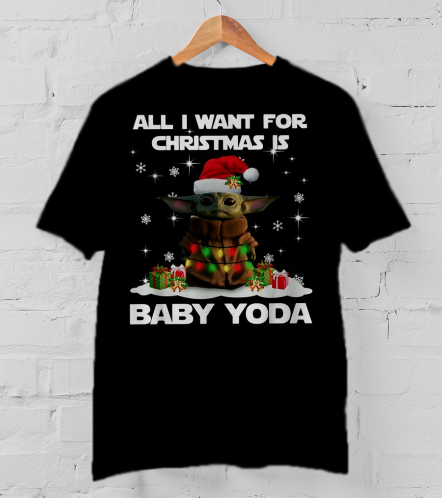 All I Want For Christmas Is Baby Yoda Star Wars Santa Hat Snowflakes Gifts T-Shirt