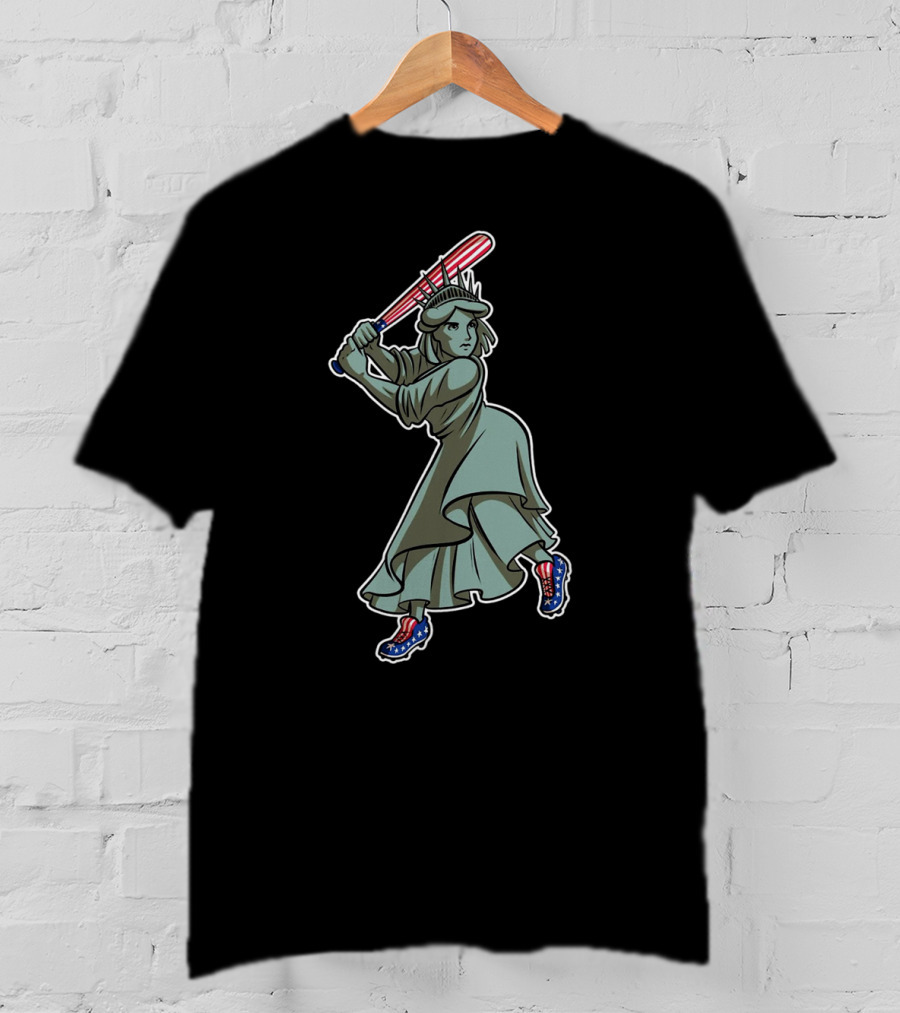 Liberty Statue Playing Baseball With American Flag Bat And Star-Spangled Shoes T-Shirt