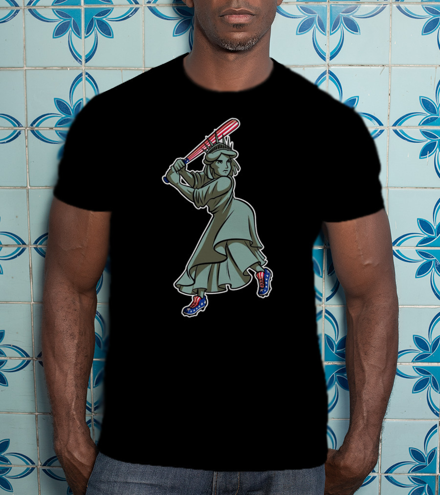Liberty Statue Playing Baseball With American Flag Bat And Star-Spangled Shoes T-Shirt