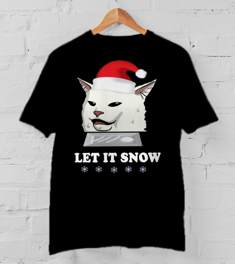 Let It Snow Cat In Santa Hat With Snowflakes T-Shirt