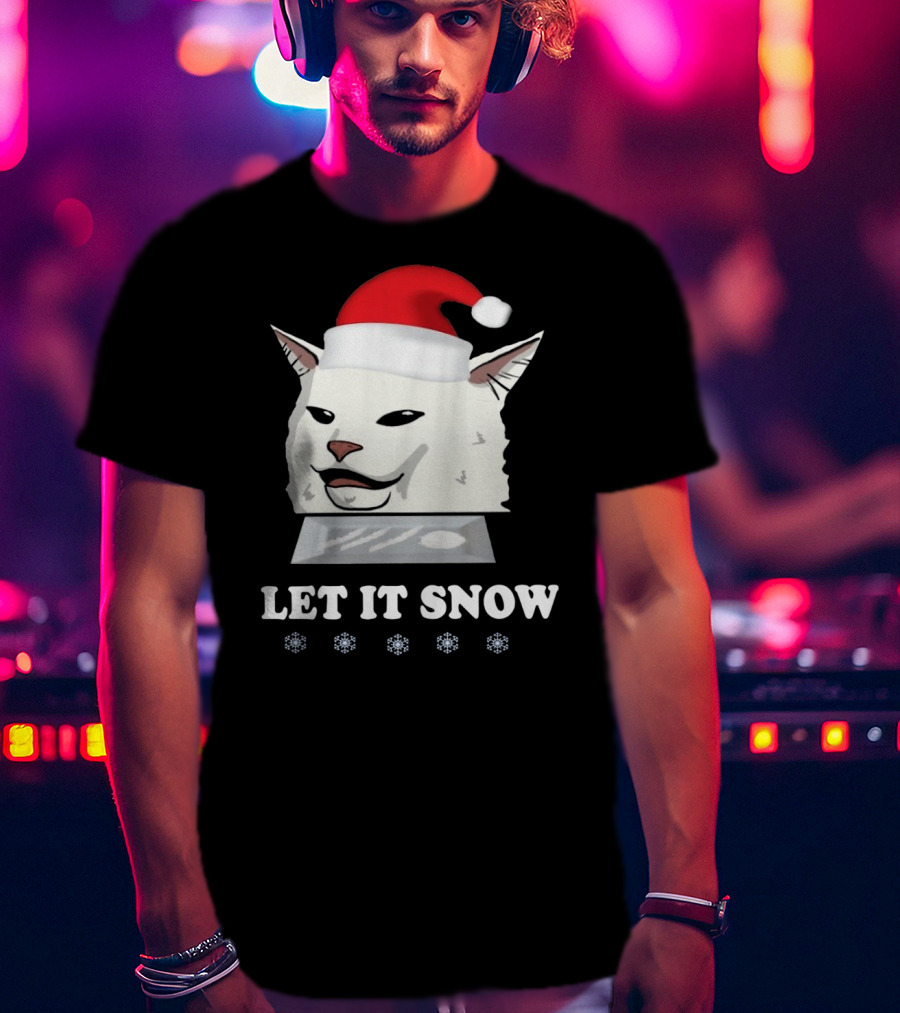 Let It Snow Cat In Santa Hat With Snowflakes T-Shirt