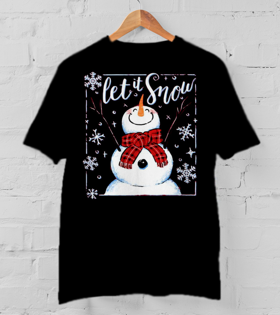 Let It Snow Santa Snowman With Scarf And Snowflakes T-Shirt