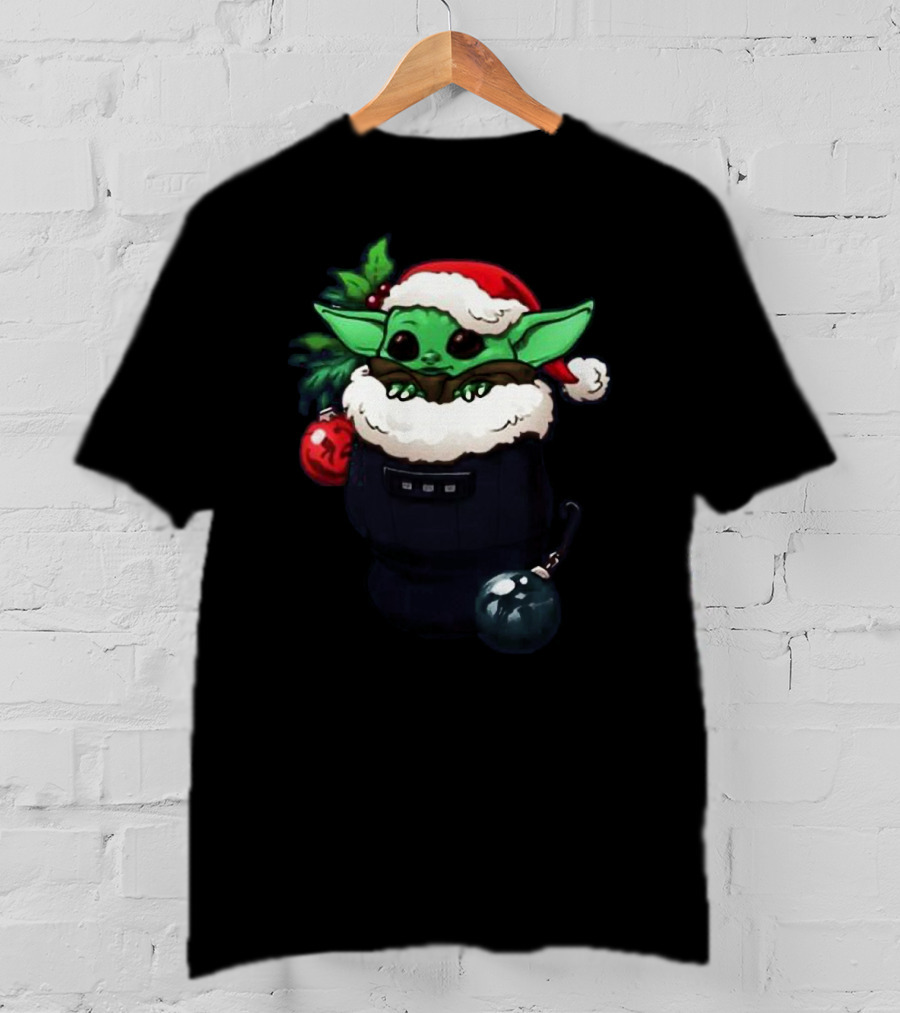 Santa Baby Yoda Christmas Stocking With Festive Ornaments And Santa Hat T-Shirt