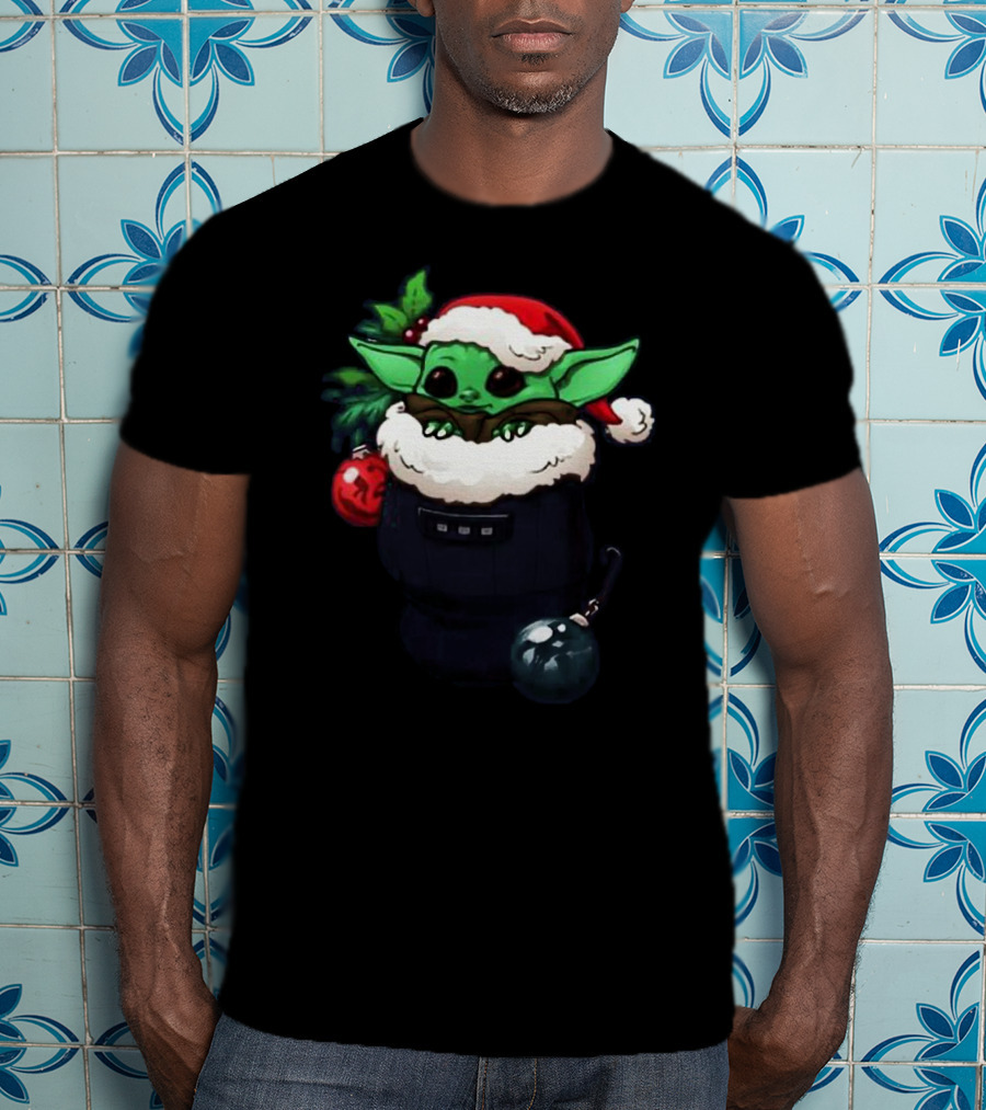 Santa Baby Yoda Christmas Stocking With Festive Ornaments And Santa Hat T-Shirt