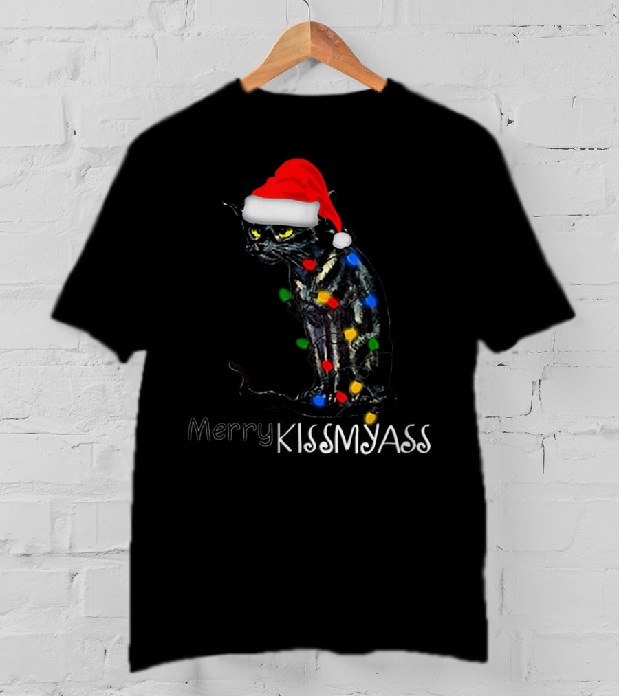 Merry Kissmyass Black Cat Santa Hat Christmas Lights T-Shirt