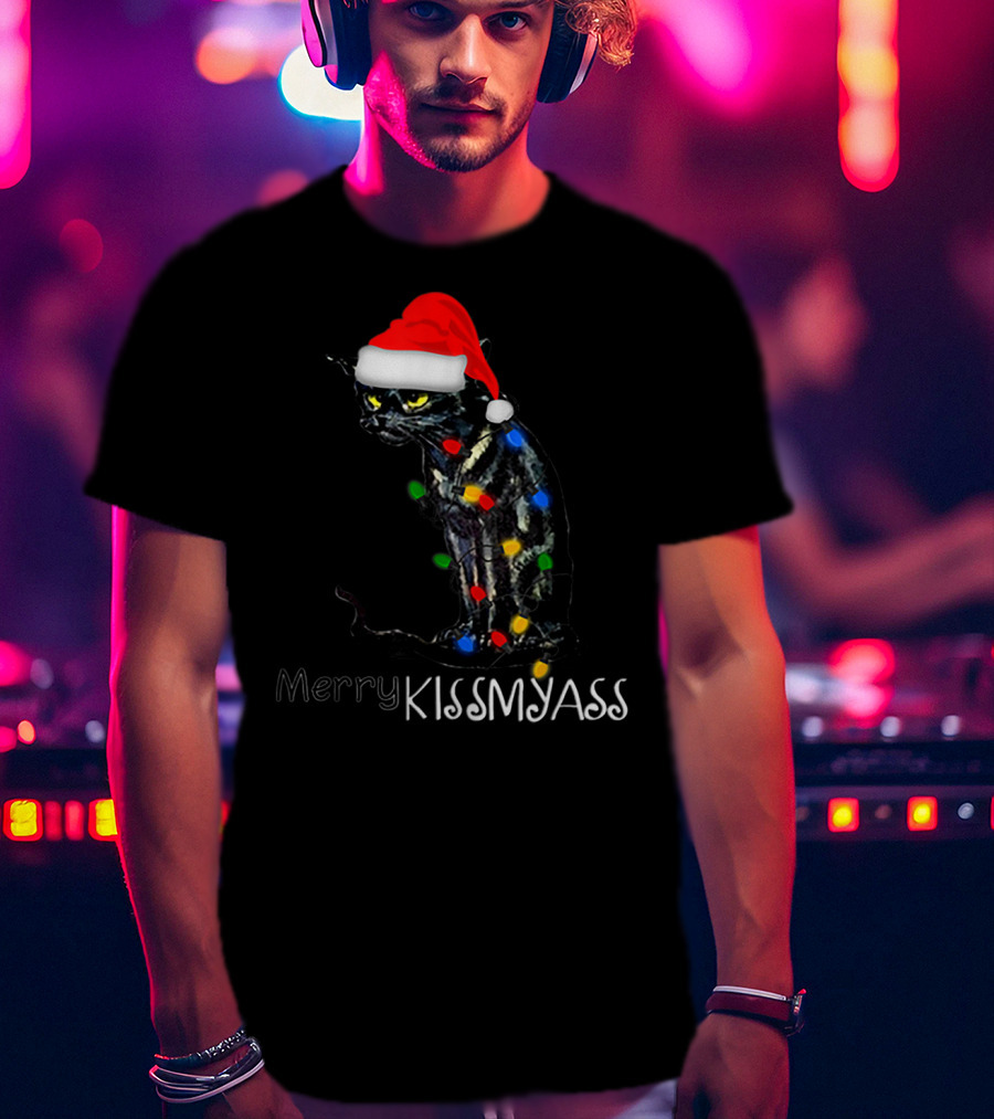 Merry Kissmyass Black Cat Santa Hat Christmas Lights T-Shirt