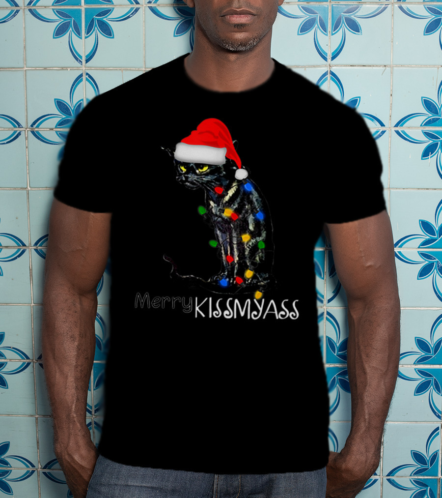 Merry Kissmyass Black Cat Santa Hat Christmas Lights T-Shirt