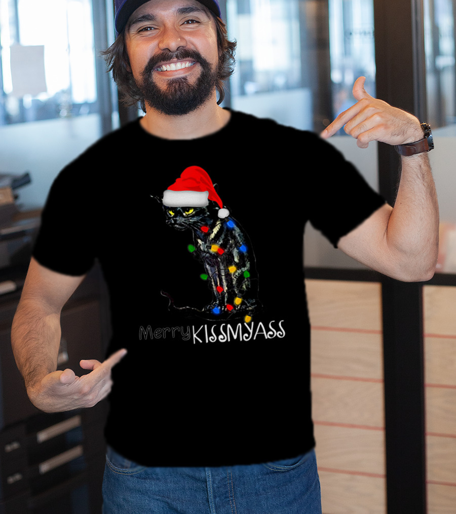 Merry Kissmyass Black Cat Santa Hat Christmas Lights T-Shirt