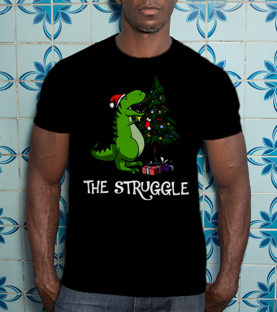 T Rex Dinosaur The Struggle With Christmas Tree T-Shirt