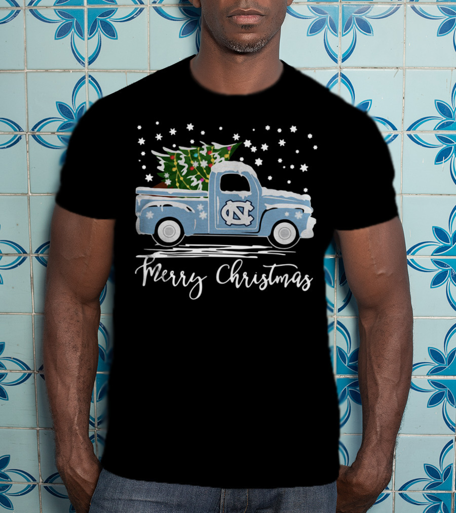 North Carolina Tar Heels Merry Christmas Pickup Truck With Tree T-Shirt