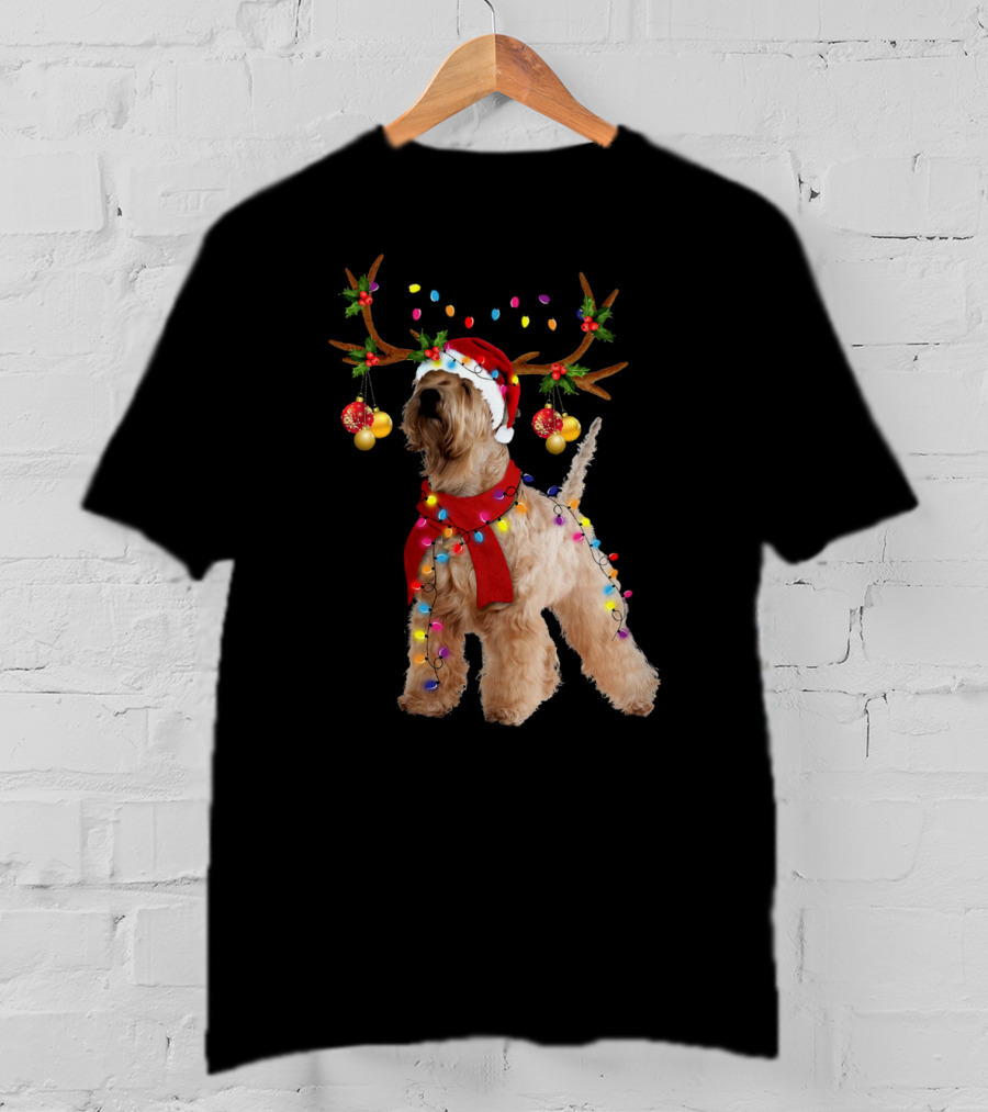 Christmas Wheaten Terrier With Santa Hat And Reindeer Antlers T-Shirt