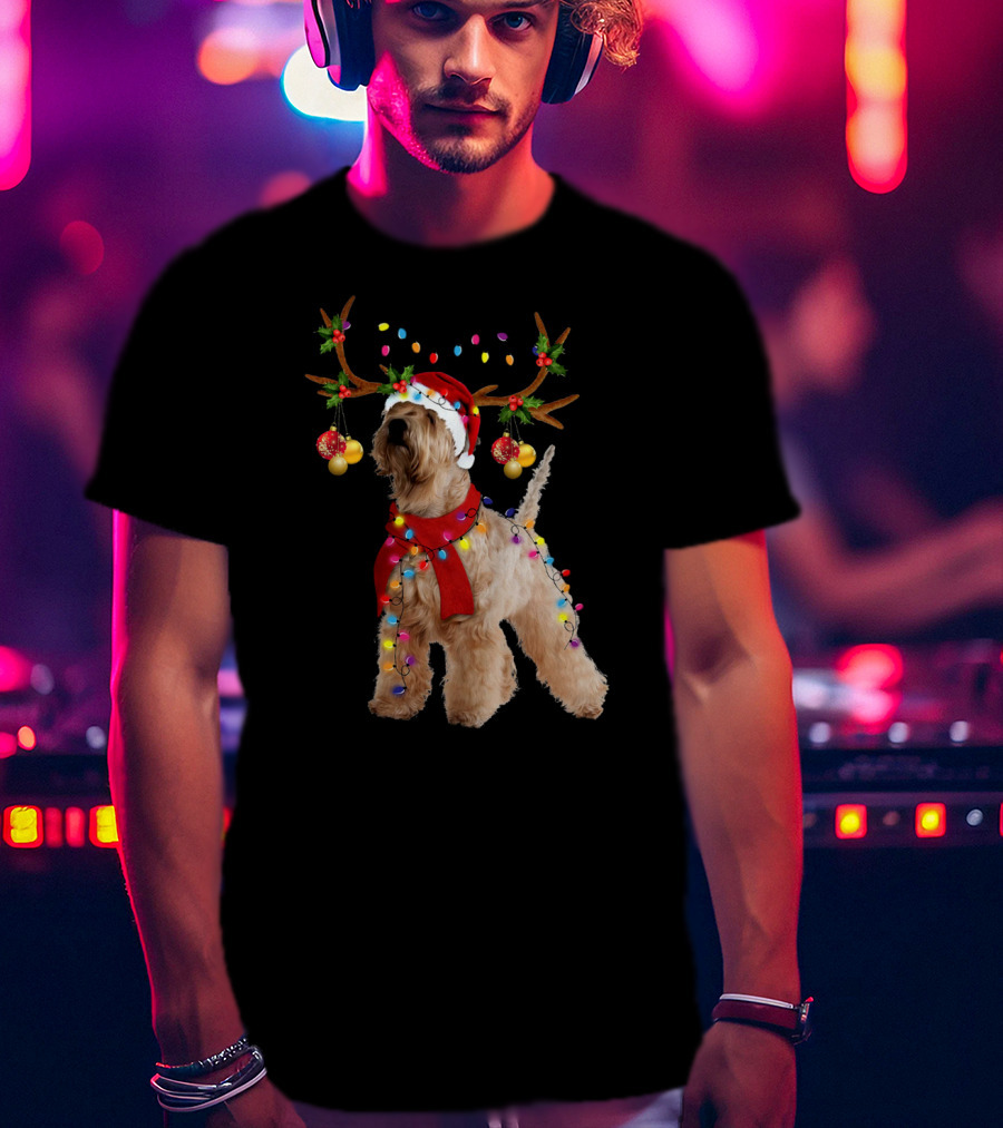 Christmas Wheaten Terrier With Santa Hat And Reindeer Antlers T-Shirt