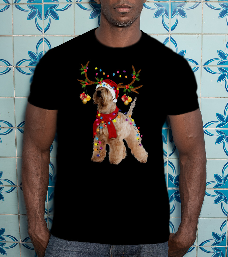 Christmas Wheaten Terrier With Santa Hat And Reindeer Antlers T-Shirt