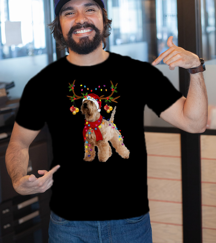 Christmas Wheaten Terrier With Santa Hat And Reindeer Antlers T-Shirt