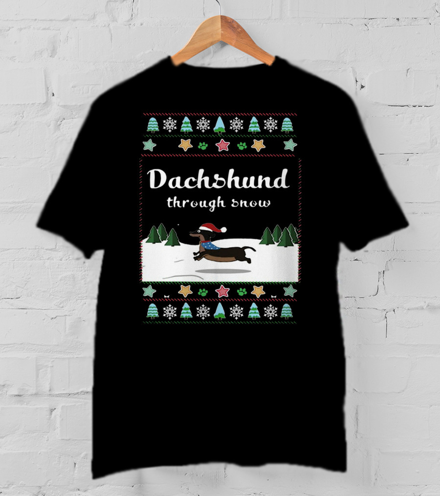 Dachshund Through Snow Christmas Sweater Style With Trees And Stars T-Shirt