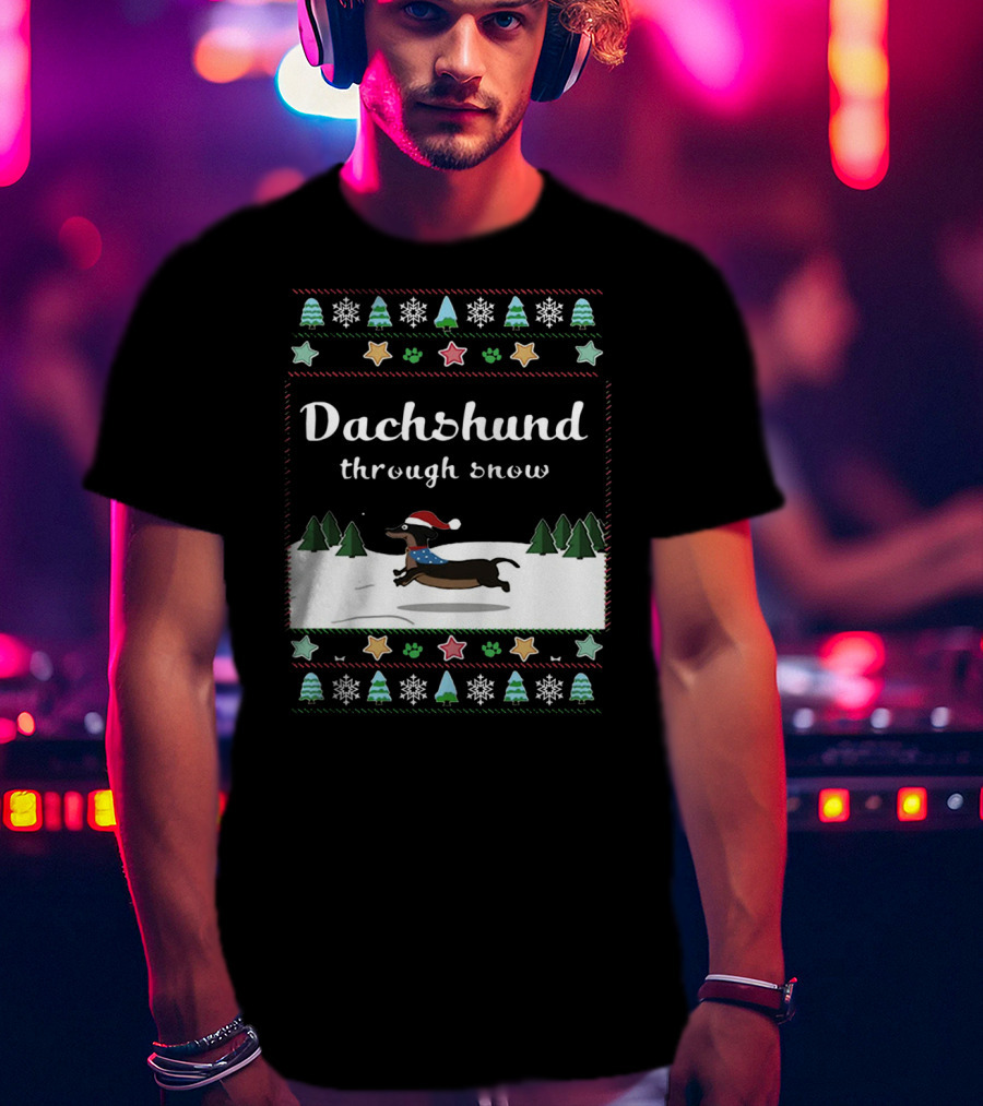 Dachshund Through Snow Christmas Sweater Style With Trees And Stars T-Shirt