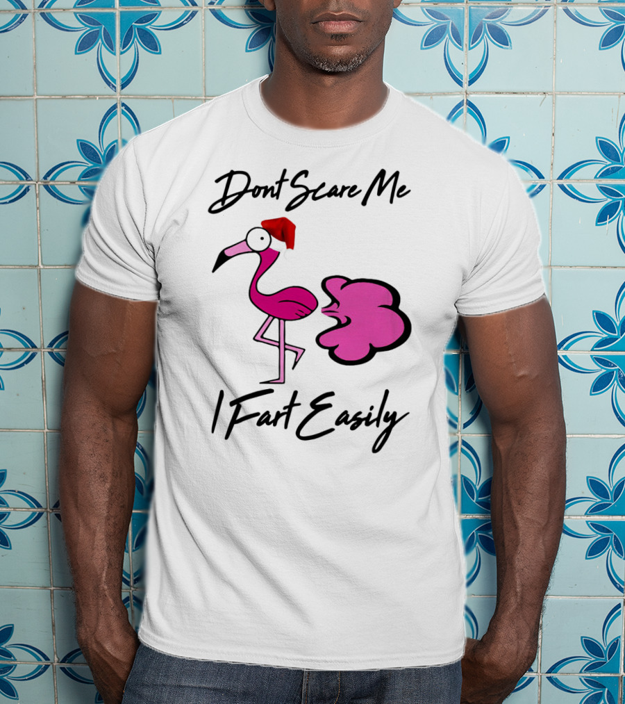 Dont Scare Me I Fart Easily Flamingo With Santa Hat T-Shirt